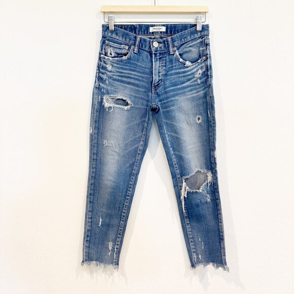 Moussy Vintage Isko Distressed Mid Rise Raw Hem Jeans Designer Ridgewood Blue 26 - Picture 2 of 9